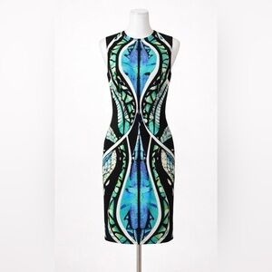Michael Lo Sordo Silk Abstract Bodycon Dress Black Multicolor Midi Size 8 NEW